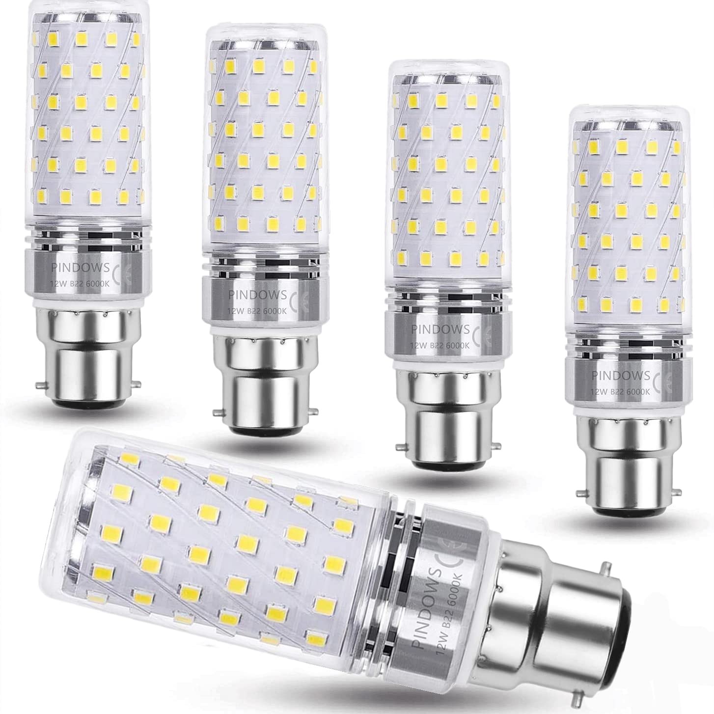 PINDOWS12W LED Corn Bulbs B22 LED Light Bulbs 6000K Cool White,LED Bulbs 120W Incandescent Equivalent,High Bright 1450LM Replace 100W~120W Incandescent Light,CRI 80+,Non-Dimmable,Pack of 5