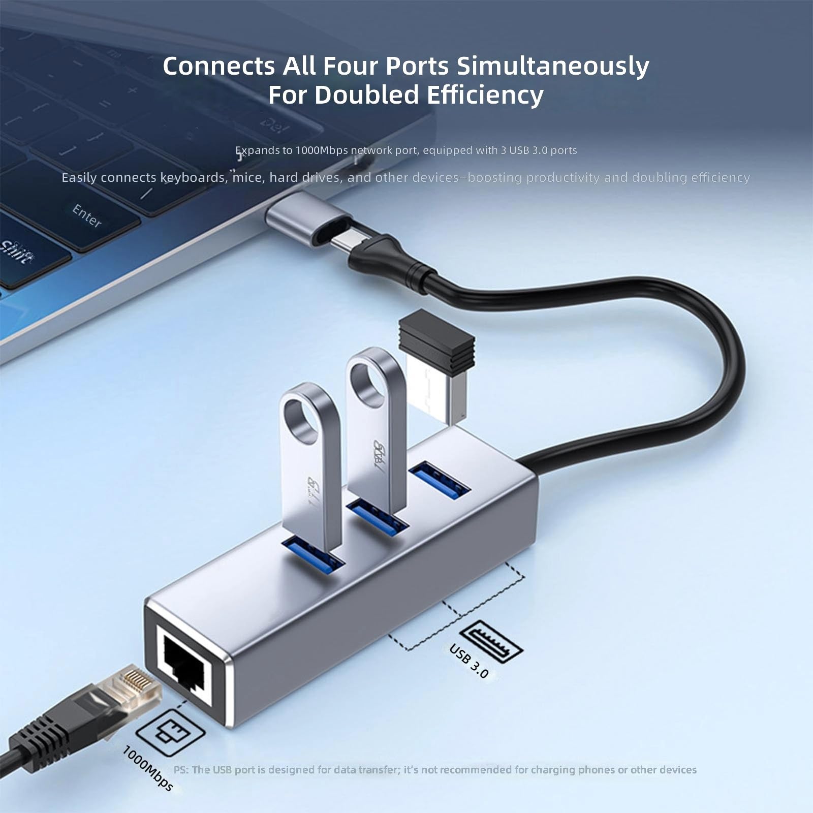 Adaptateur réseau USB C en alliage d'aluminium avec port vers RJ45, 3 concentrateurs USB 3.0, vitesse rapide 1000 Mbps, connexion Ethernet A et C vers adaptateur Gigabit Ethernet