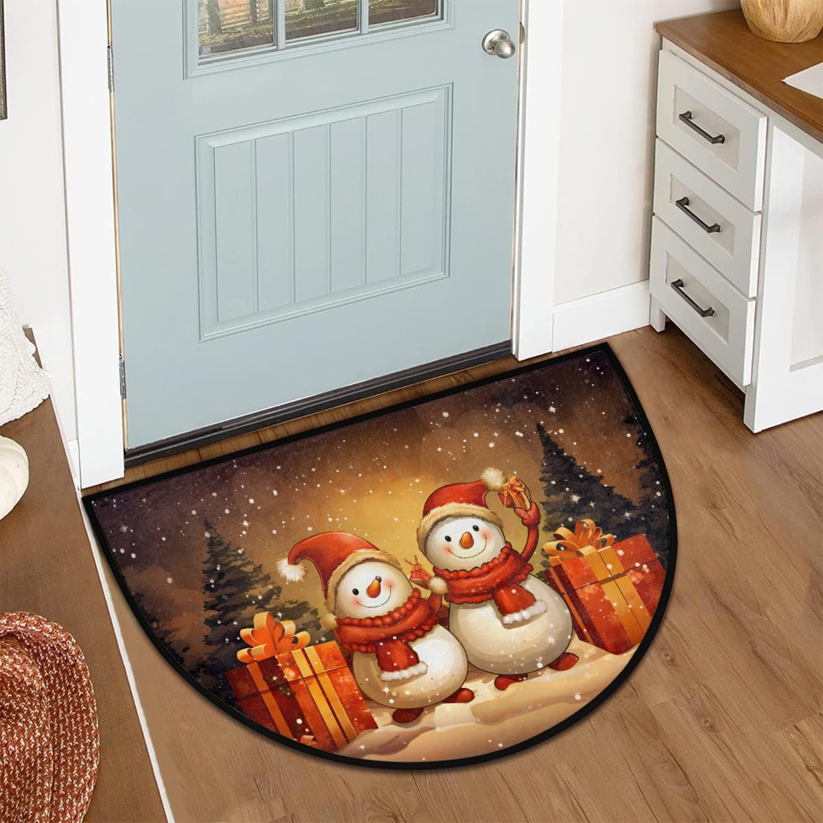cfpolar Christmas Snowman Gift Half Round Door Mat Outdoor Entrance Large 24"x36" Half Circle Welcome Entrance Way Mat Semi Circular Front Door Mat Area Rug for Garage, Patio, High Traffic Areas