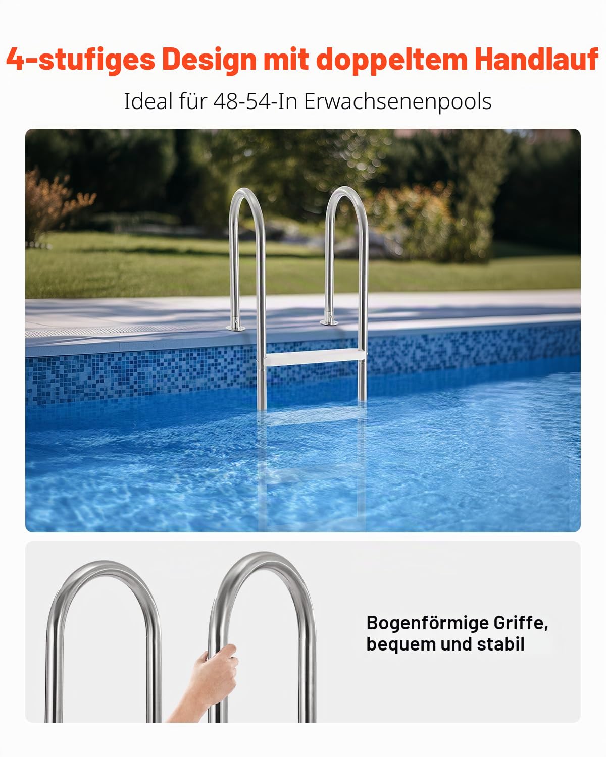 VEVOR Schwimmbadleiter, 4-stufige Treppe mit Doppelhandlauf, Pool Einstieg aus Edelstahl, 120 kg Tragfähigkeit, für 137 cm Einbaupools mit montiertem Deckbrett im Innen- und Außenbereich