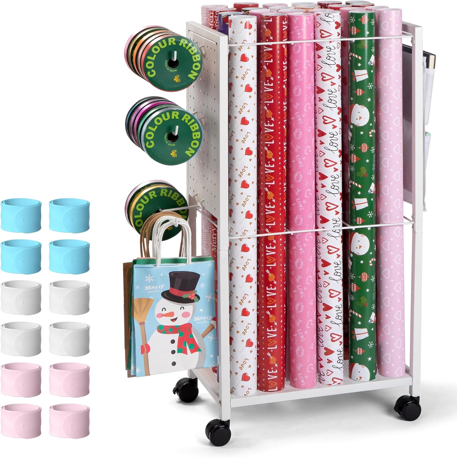 Wrapping Paper Cart - Gift Wrapping Paper Organizer Storage, Rolling Gift Wrap Storage Stand, Ribbon Organizers, 12 PCS Slap Bracelets