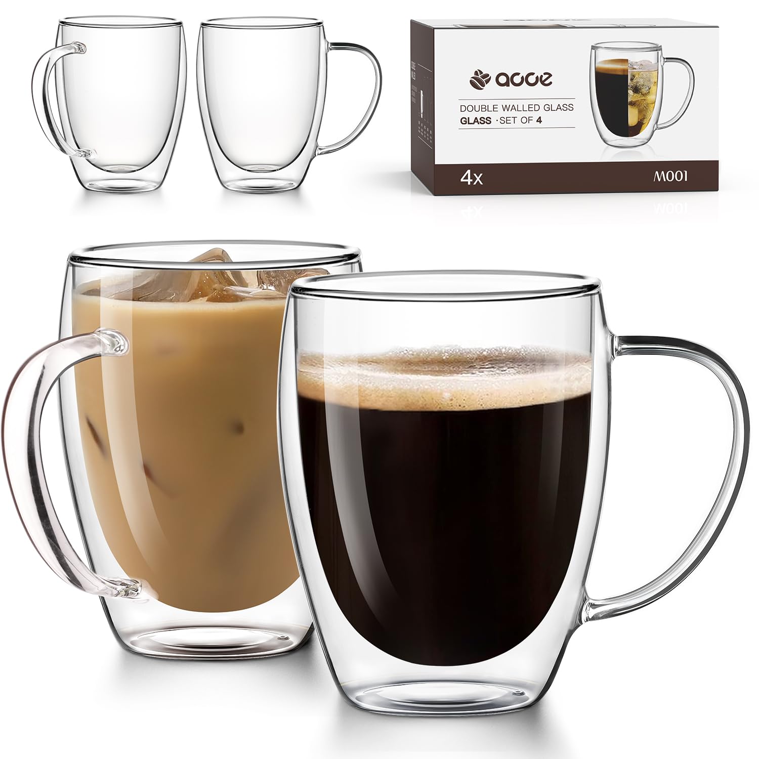 OJA Double Wall Glass Coffee Mugs Set of 4 Hand Blown 12 5OZ Clear Glass Coffee Cups Insulated