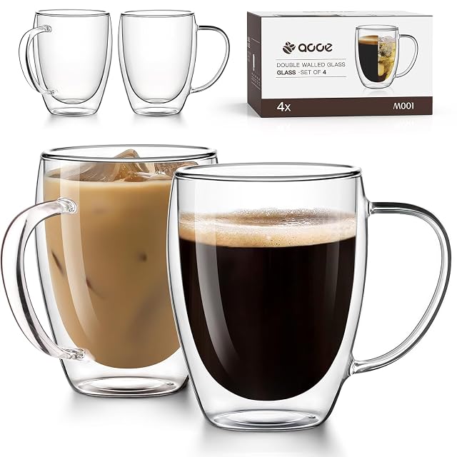 OJA Double Wall Glass Coffee Mugs Set of 4 Hand Blown 12 5OZ Clear Glass Coffee Cups Insulated