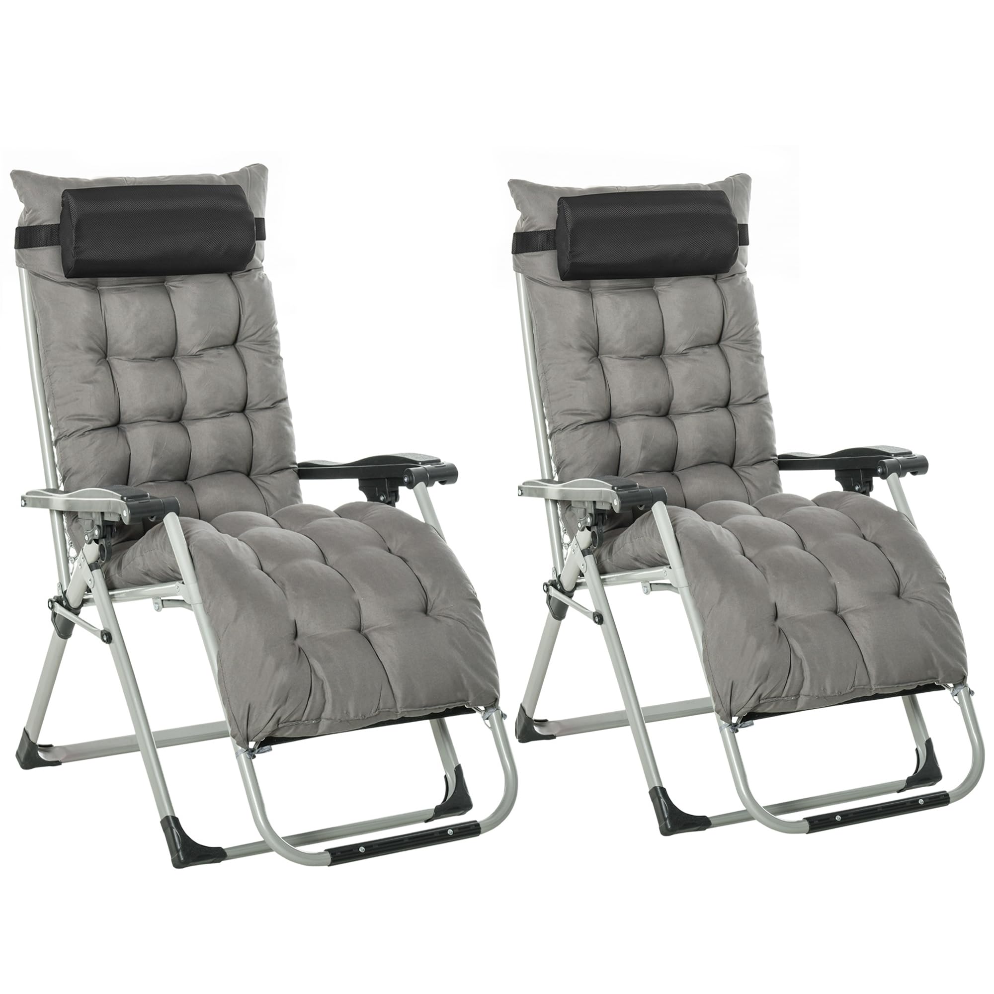 Outsunny 2 Piece Reclining Zero Gravity Chair Metal Frame Folding Garden Sun Lounger with Cushion Headrest, Dark Grey