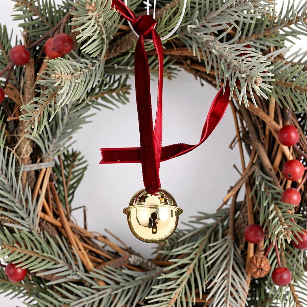 Xmas Christmas Jingle Bell Ornament with Ribbon and Star Cutouts