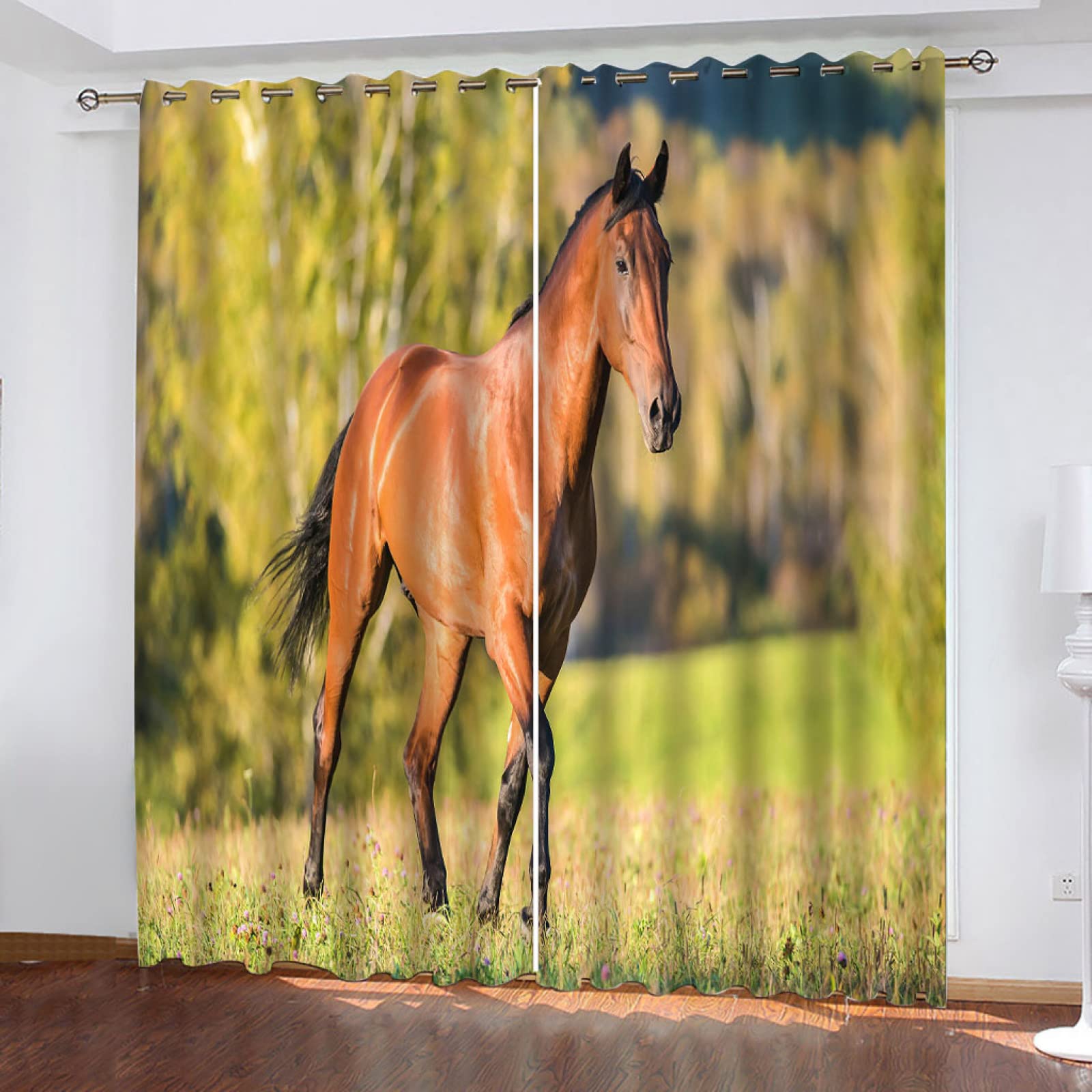 Vorhänge Verdunkelung Kinderzimmer Mädchen Junge Mit Ösen Wald Sonnenschein Tier Pferd 2Er Set 200X160Cm Gardinen Wohnzimmer Schlafzimmer Verdunkelungsvorhang Thermovorhang Hitzeschutz Schallschutz