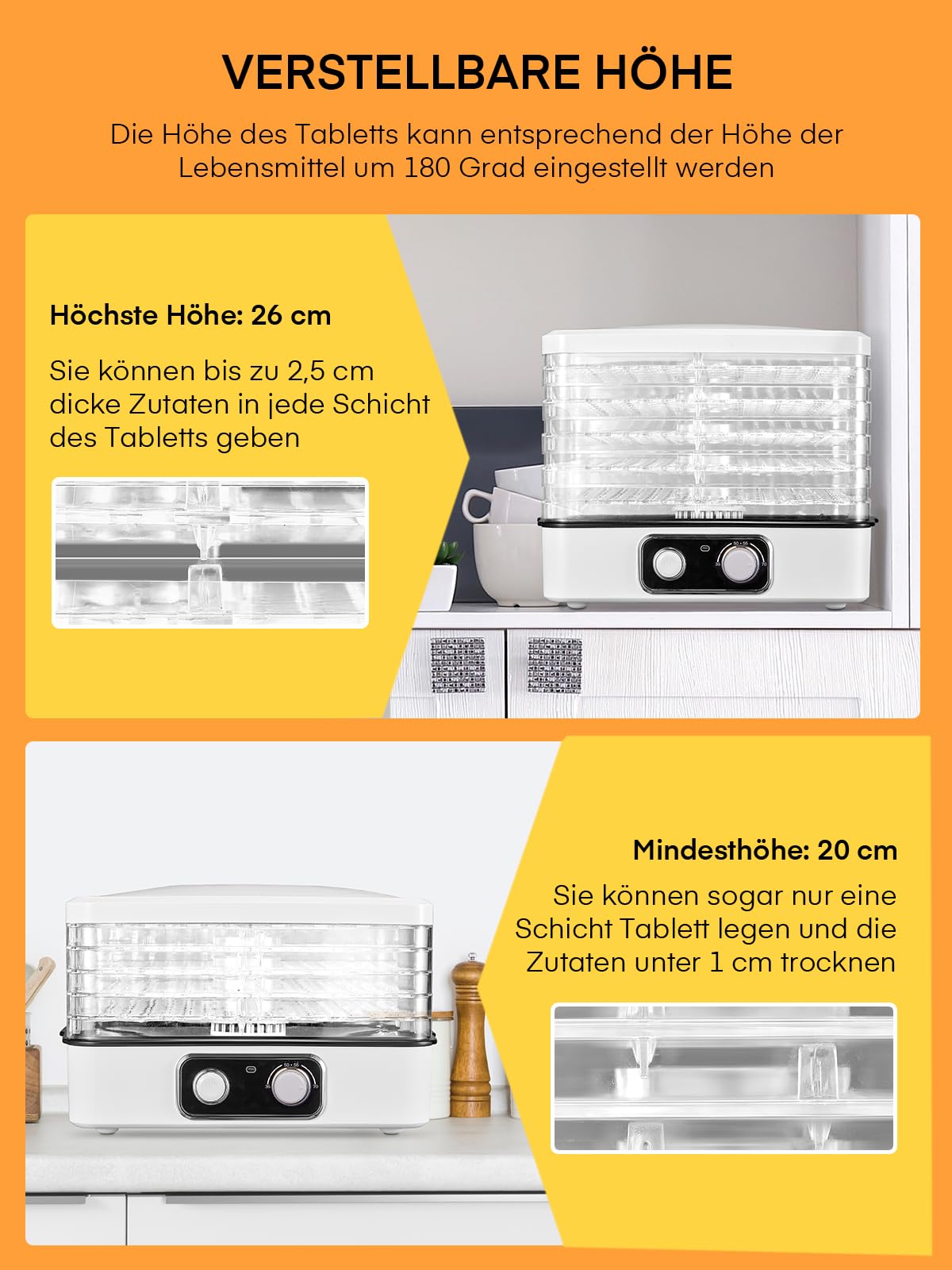 FOHERE Dörrautomat, Dörrautomaten(35-70°C) Temperatur Einstellbar, Dörrgerät für Lebensmittel Fleisch Früchte Gemüse mit 5 Einlegefächer, 360° Umwälztrocknung, für Fleisch,Obst,Haustier-Leckereiene