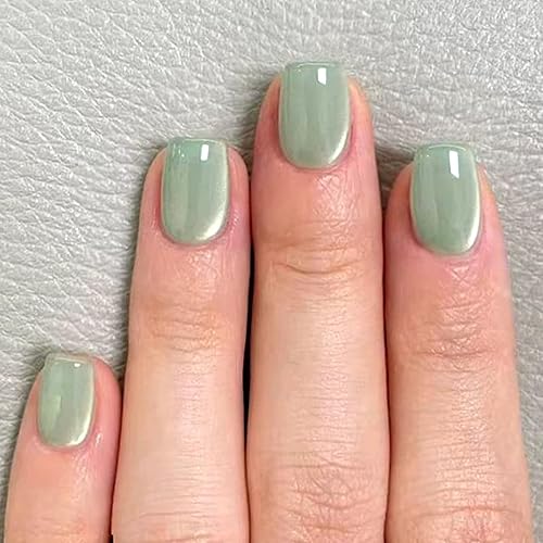 Short Square Press on Nails Fresh Mint Green Cat Eye