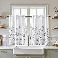 HOMEIDEAS 30x36 Inch Grey White Leaf Floral Kitchen Curtains - Short Privacy Tier Panels, Light Filtering Semi Sheer for Bathroom Cafe, 2 Panels