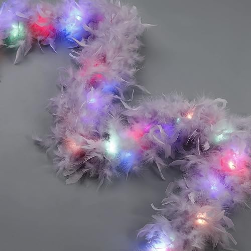 Miniatura 2 de Larryhot Boas de plumas moradas para fiesta, 2 yardas, 2.65 oz, 20 luces LED coloridas para fiestas, bodas, disfraces de Halloween, árbol de Navidad
