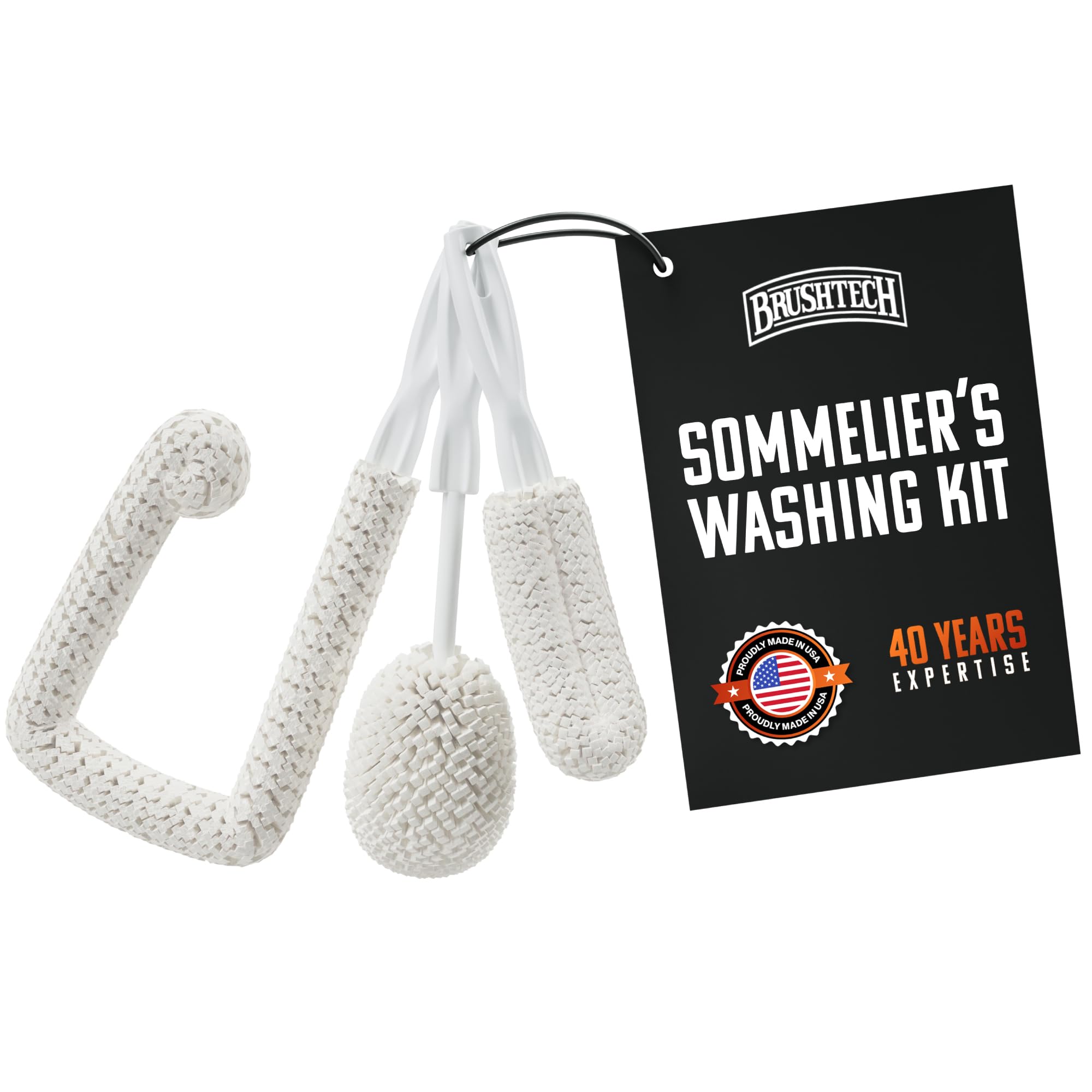 Brushtech 3-Piece Sommelier’s Washing Kit - USA Made Glass Cleaning Brushes with Tapered Foam Heads for Decanters, Flutes, Goblets - Scratch-Free
