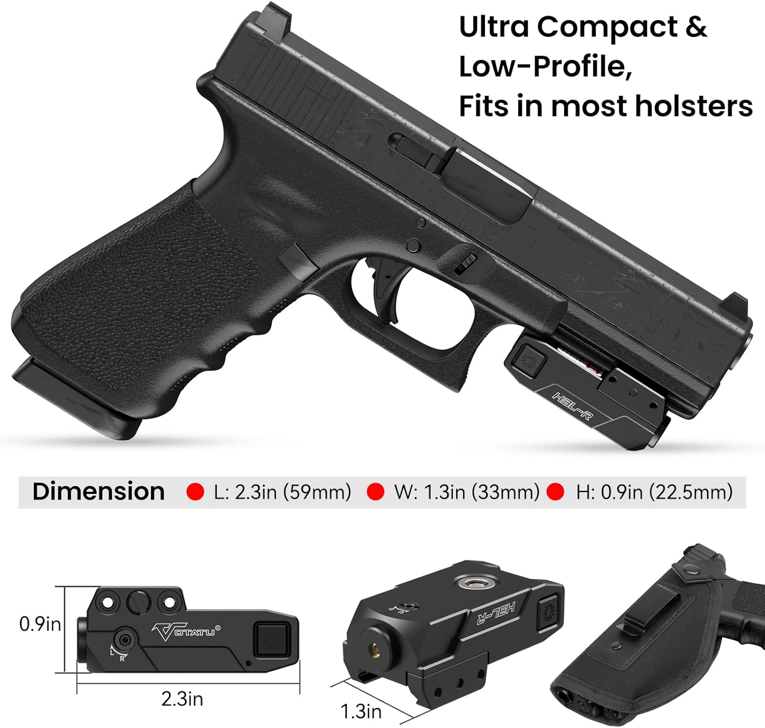 Votatu H3L-R Strobe Tactical Red Laser Sight, Aluminum Metal Construction Pistol Mount Ultra Low Profile Red Beam Laser Sight with Magnetic USB Charging, Ambidextrous Control