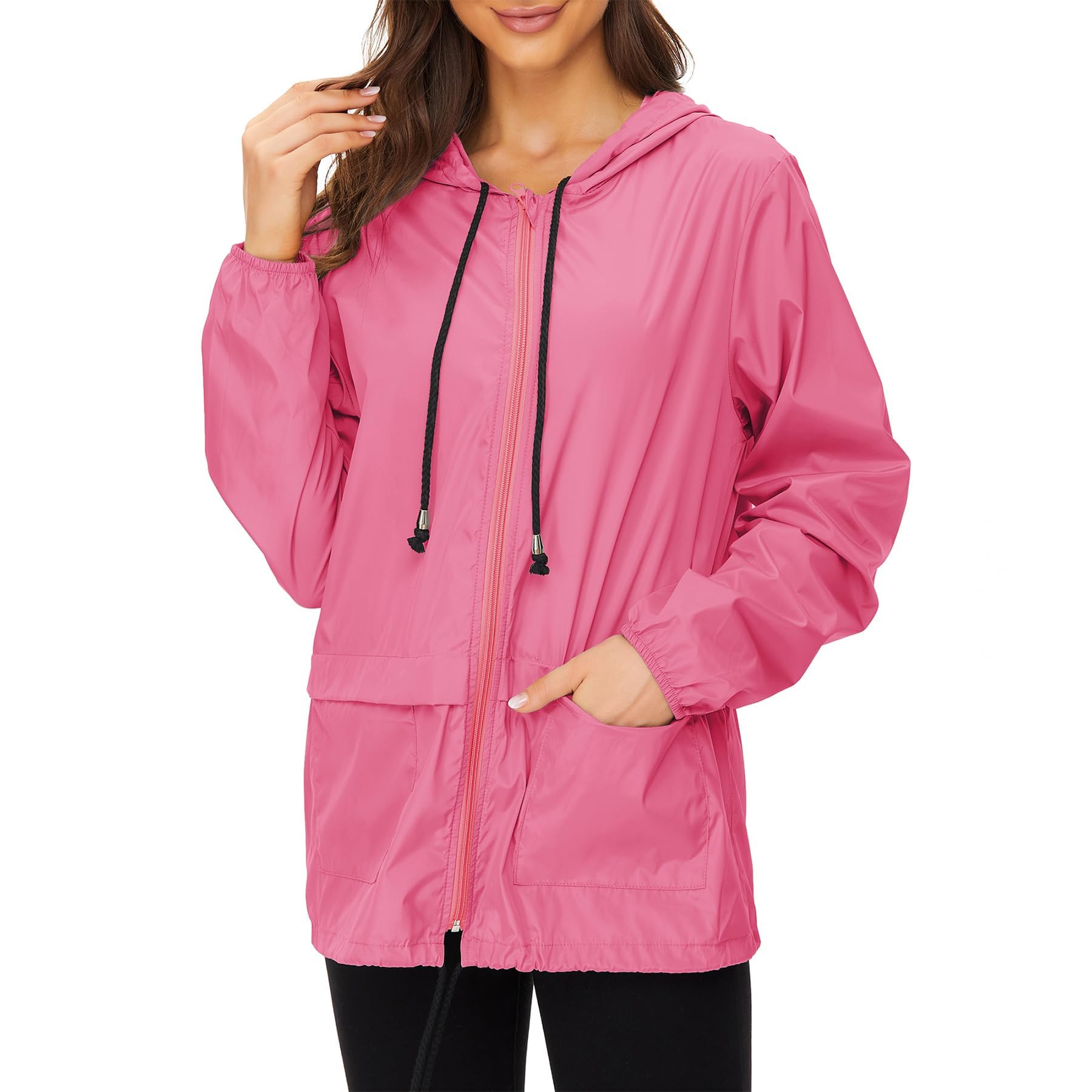Photo 1 of Zando Women's Hot Pink Waterproof Trench Coat, Lightweight Rain Jacket with Hood, Packable, Windbreaker, S