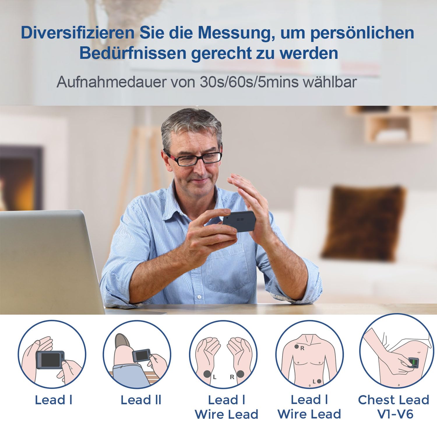 CheckMe Plus EKG Gerät für Zuhause, KI-Analysefunktion, 30s/ 60s/5min Messzeit für Smartphone und PC, Persönlicher Tragbarer Herzgesundheits-Tracker, Großbild-Echtzeitanzeige
