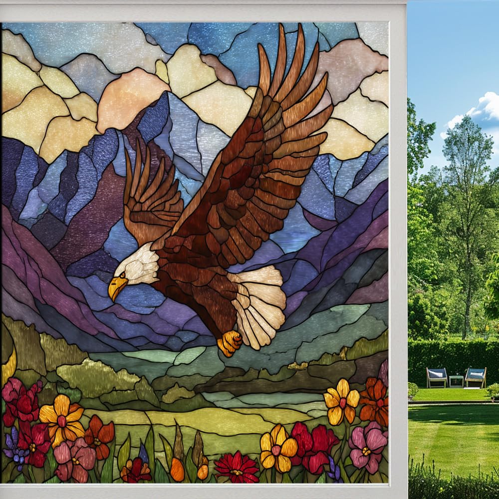 Eagle Wildlife Stained Glass Window Film, Mountain Forest Flower Bird Peel and Stick Privacy Film, Frosted Adhesive Vinyl Decorative for Bathroom Windows Glass Doors, （45x100cm）