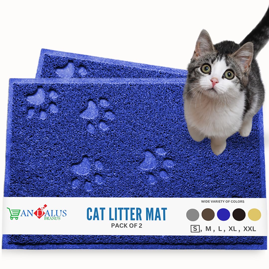 Andalus Small Cat Litter Mat, Pack of 2 - Waterproof, Non-Slip & Easy to Clean Cat Litter Box Mat for Extra Efficient Pet Litter-Trapping, Blue (15.75