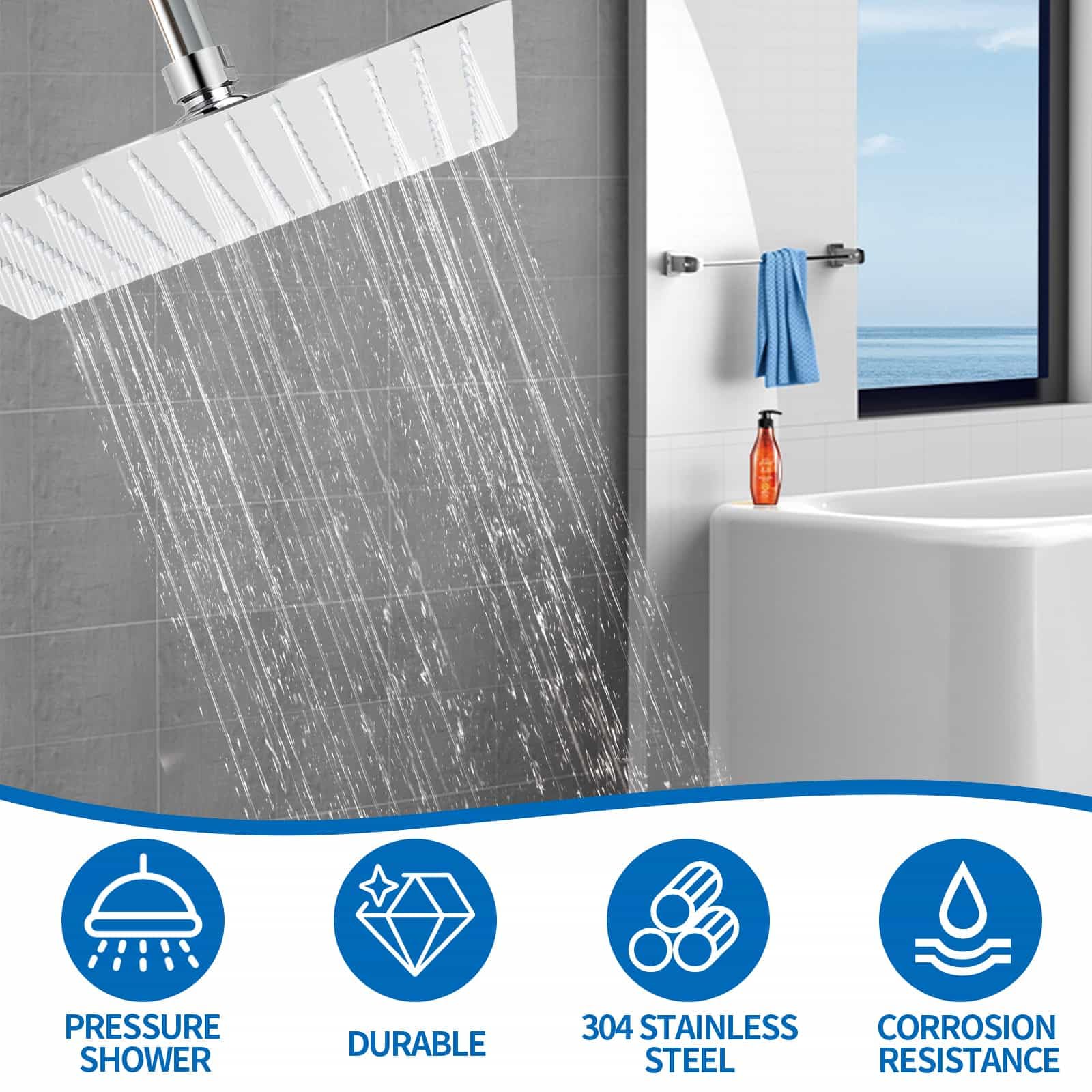 Rain Shower Head 304 Stainless Steel Replacement Rainfall Shower Heads 10'' High Pressure Rainfall Showerhead with Angle Adjustment Silicone Jets for The Ultimate Shower Experience Silvery (Square) - Image 3