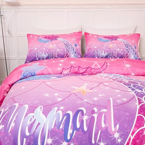 Miniatura 7 de Juego de edredón de sirena de 3 piezas, tamaño matrimonial, juego de edredón degradado, rosa, morado, azul, juego de ropa de cama con patrón de
