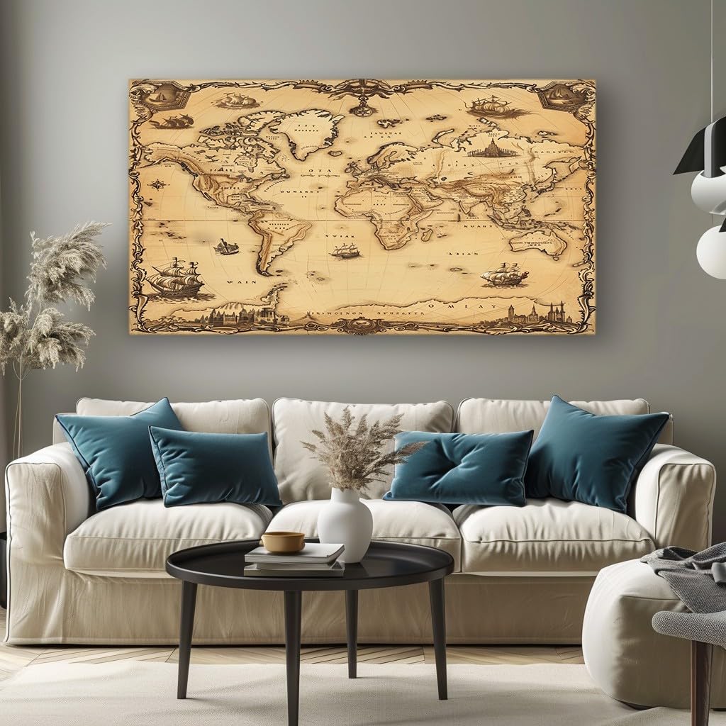 MKBKLI Living Room Pictures for Walls Vintage World Map Modern Unframed Canvas Art, Large Decorative Wall Print for Home and Bedroom Decor 60x120cm
