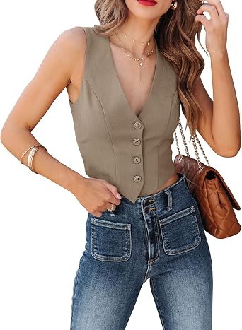 Womens Business Button Up Sleeveless Vests Fully Lined V Neck Regular Fitted Jacket Waistcoat