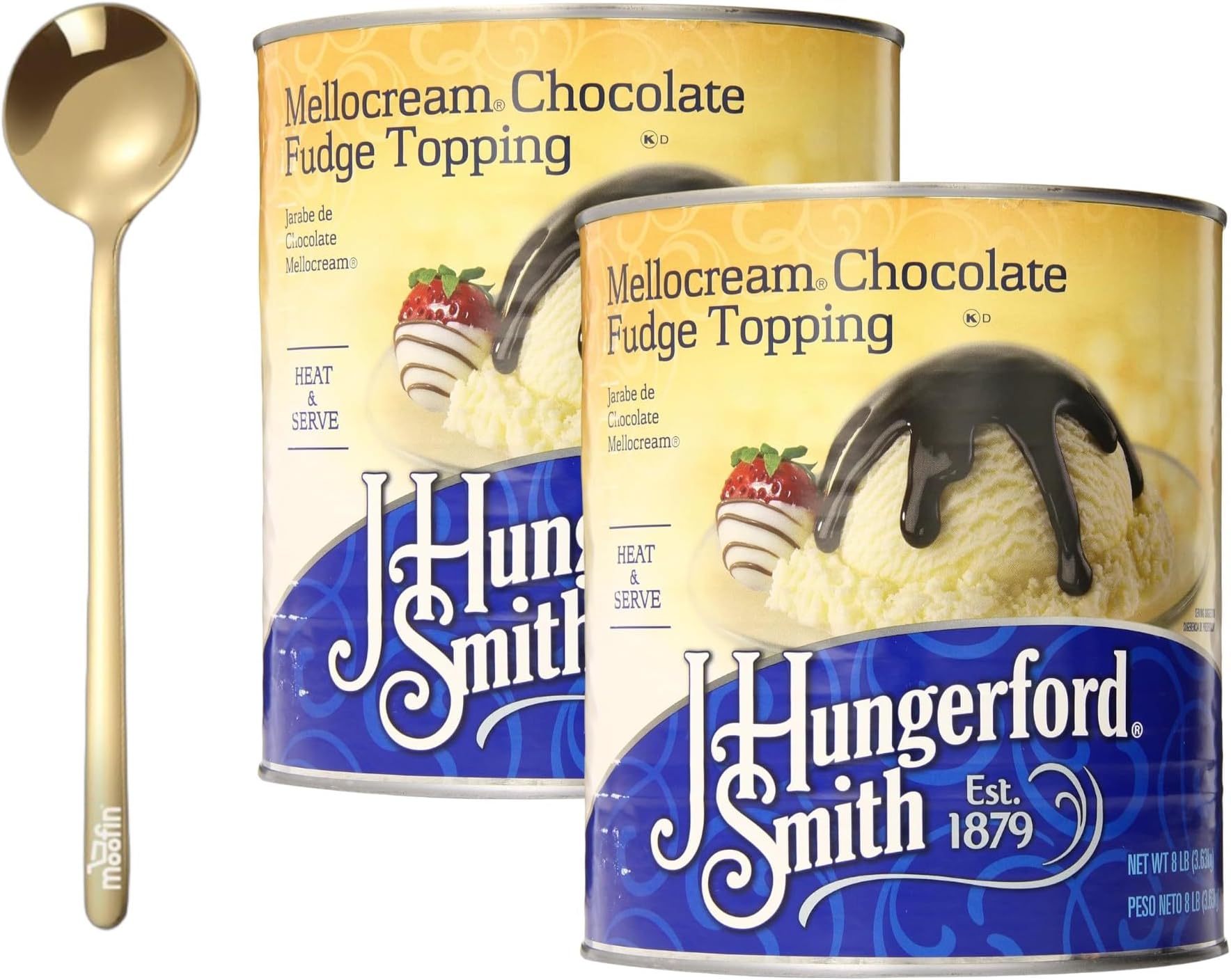 J. Hungerford Smith Mellocream Chocolate Fudge Sauce, 8 lb - Rich Milk Chocolate Hot Fudge Toping, Bundle with Golden SS Spoon, Creamy Texture for Desserts, Cakes, Ice Cream [Pack of 2]