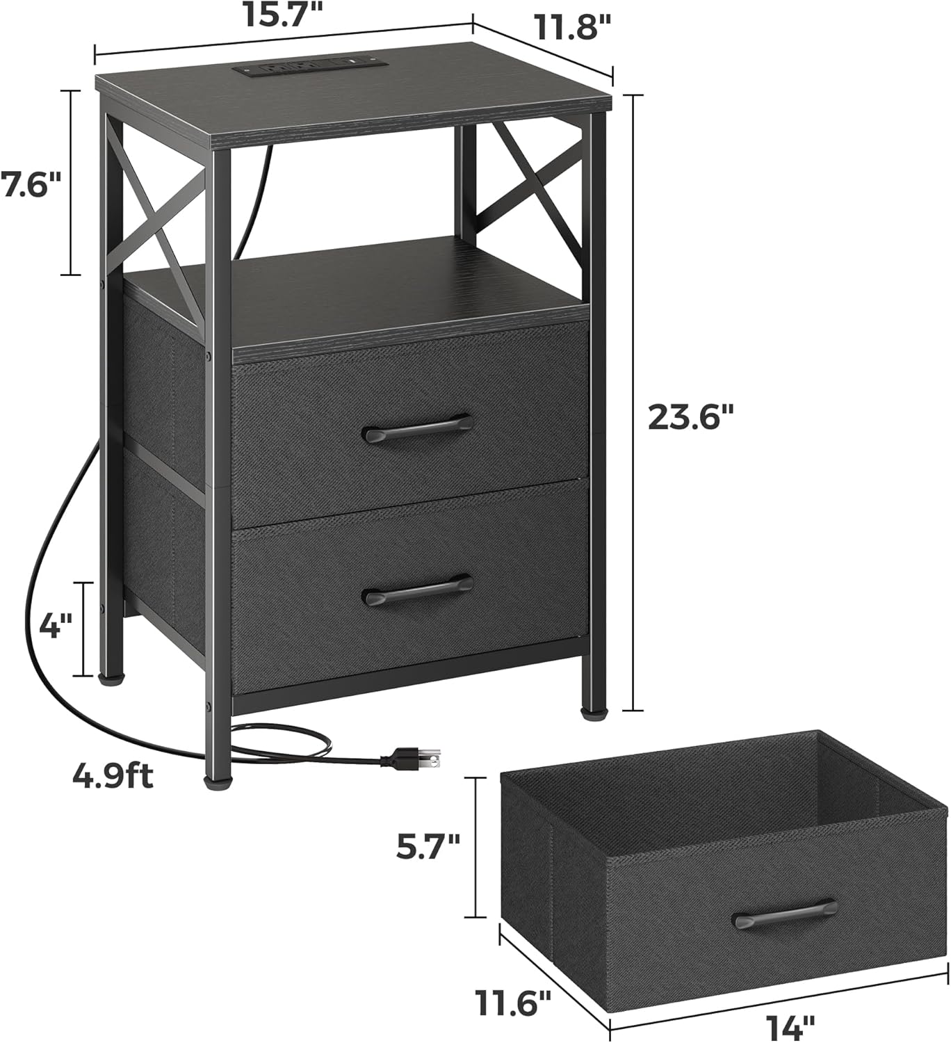 Huuger Nightstands Set of 2, Night Stand with Charger Station, 2 Drawer Side Table with Open Shelf, USB-C Port, End Table for Small Spaces, X Shaped Side Rail, Black