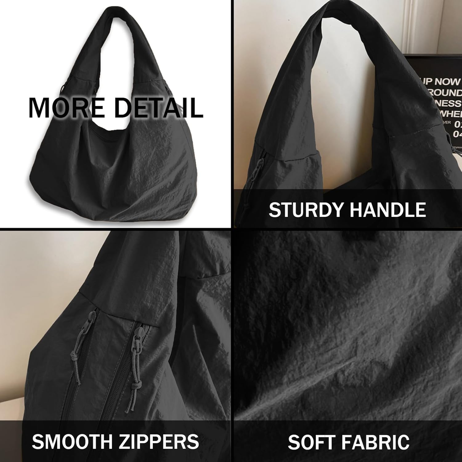 Slouchy Tote Bag Nylon Solid Pleated Handbag Large Hobo Bags for Women Multipockets Crescent Shoulder Bag - Image 5