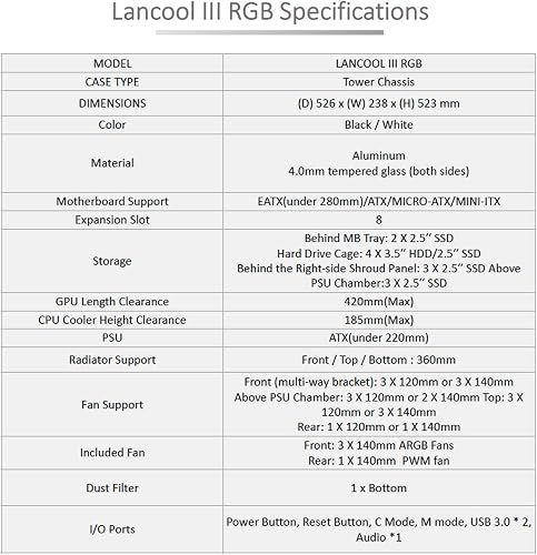 Lian Li Lancool III RGB Full Tower PC Case – Black – 4x 140mm Fans Pre-Installed – Tempered Glass – E-ATX Support – High Airflow - 11