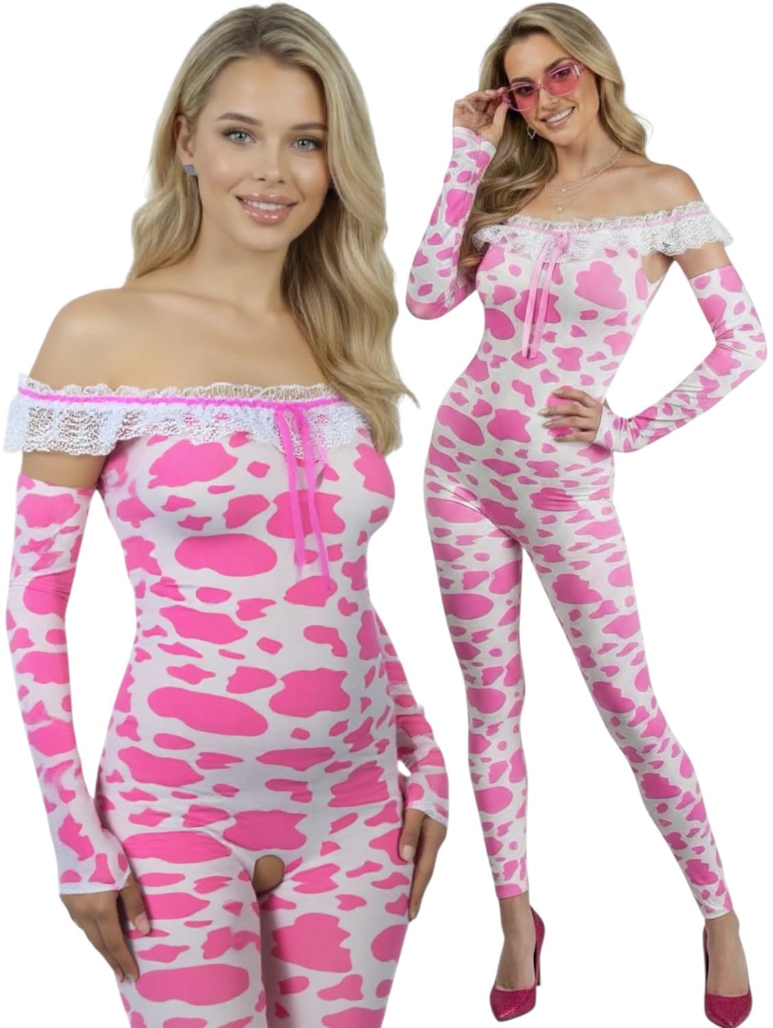 ToBeInStyle Women's Cow Print Thigh High Stocking Bessie The Cow Costume Nylon Bodystocking Cosplay