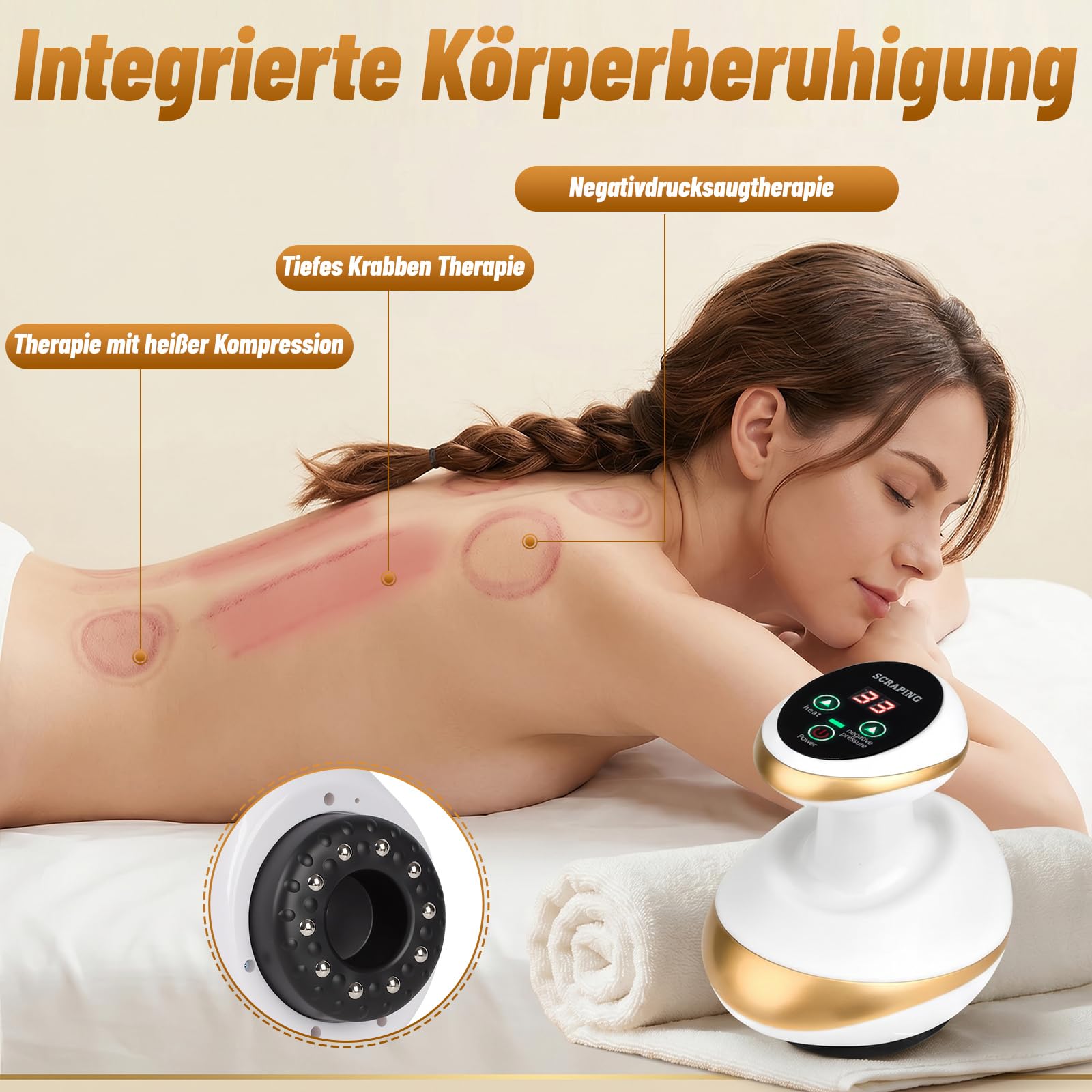 Lymphdrainage Gerät Cellulite Massagegerät,4-in-1 elektrisches Schröpfgerät & Gua Sha mit Rot-Blaulicht & 30 Stahlkugeln,9 Stufen Absaugung & Heizung,Anti Cellulite Massager mit 2 Fl. Premium-Beifußöl