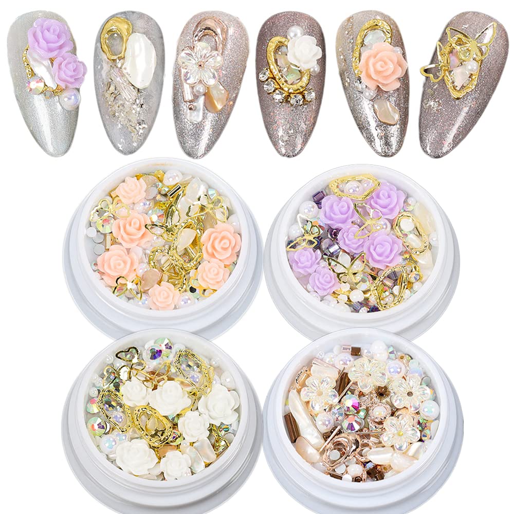 3D Flower Nail Charms-DOYIZZ 3D Flower for Nail Metal Accessories Pearl Rhinestones for Nail 4 box Mixed-style Nail Art Designs Accessories Supplies DIY Nail Art Decoration Set