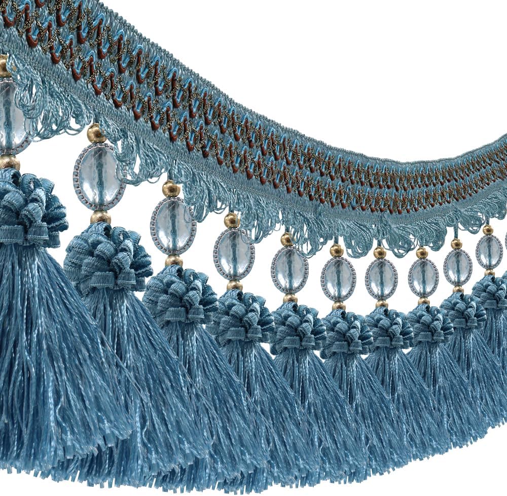 3yards Pom Pom Curtain Fringe Trim Beads Ball Tassel Trimming Sewing Ribbon Upholstery Fabric (Blue)