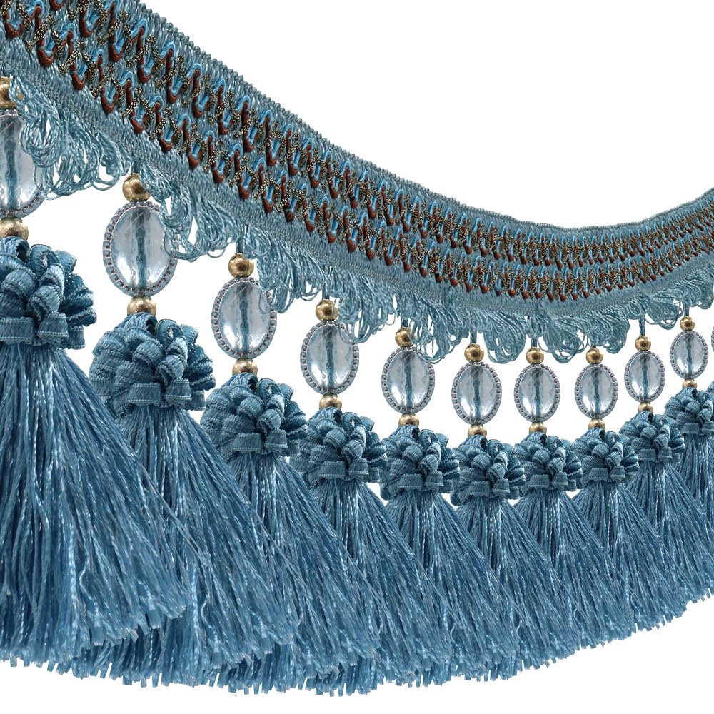 3yards Pom Pom Curtain Fringe Trim Beads Ball Tassel Trimming Sewing Ribbon Upholstery Fabric (Blue)