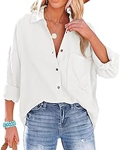 Generisch Damen Langärmel Bluse Hemdbluse Elegant V-Ausschnitt Lässiges Baumwolle Tops Bikini Cover Up Basic Herbsthemd