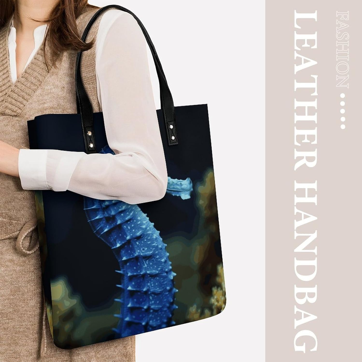 Blue Seahorse Handbags Large Capacity, Tote Bag Stylish Slouchy, Shoulder Bags for Work Beach Travel And Shopping Grocery.