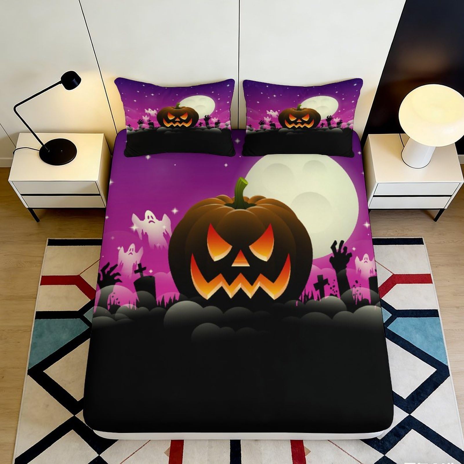 Pnayamiorkfel Style-8 3D Printed Halloween Pumpkin Fitted Sheet Microfiber Purple Ghost Moon Mattress Cover For Bedroom Dorm Decorative 90X200x25cm