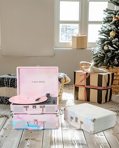 Miniatura 5 de Tocadiscos de vinilo de acuarela con control de agudos y graves, tocadiscos portátiles vintage de 3 velocidades con Bluetooth con altavoces