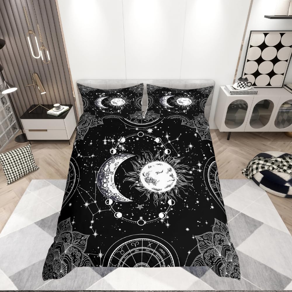 Loussiesd Sun and Moon Bedding Set Constellation Comforter Cover for Kids Boys Girls Teens Psychedelic Boho Mandala Duvet Cover Celestial Galaxy Bedspread Cover Black White Quilt Cover Super King
