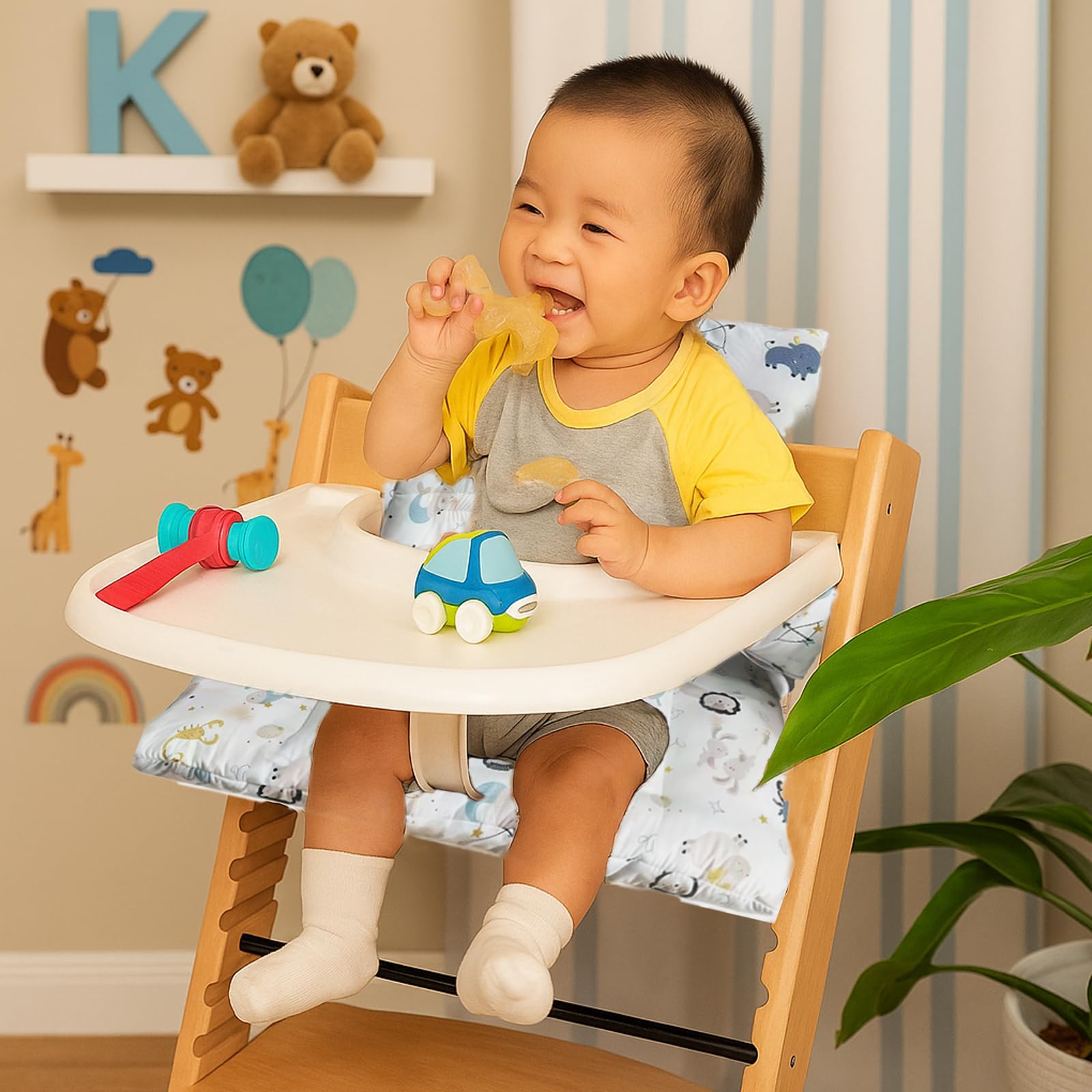 Cuscino per seggiolone Stokke Tripp Trapp, set da 2 pezzi in cotone biologico con rivestimento laminato impermeabile, facile da pulire e rimovibile, lavabile in lavatrice (animali marini)