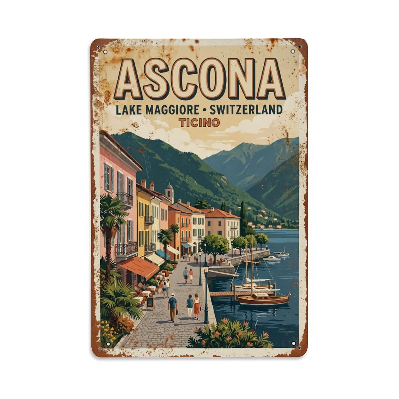Vintage Travel Ascona Switzerland Metal Tin Sign Wall Decor for Cafe, Club, Garden Metal Poster 8x12Inch