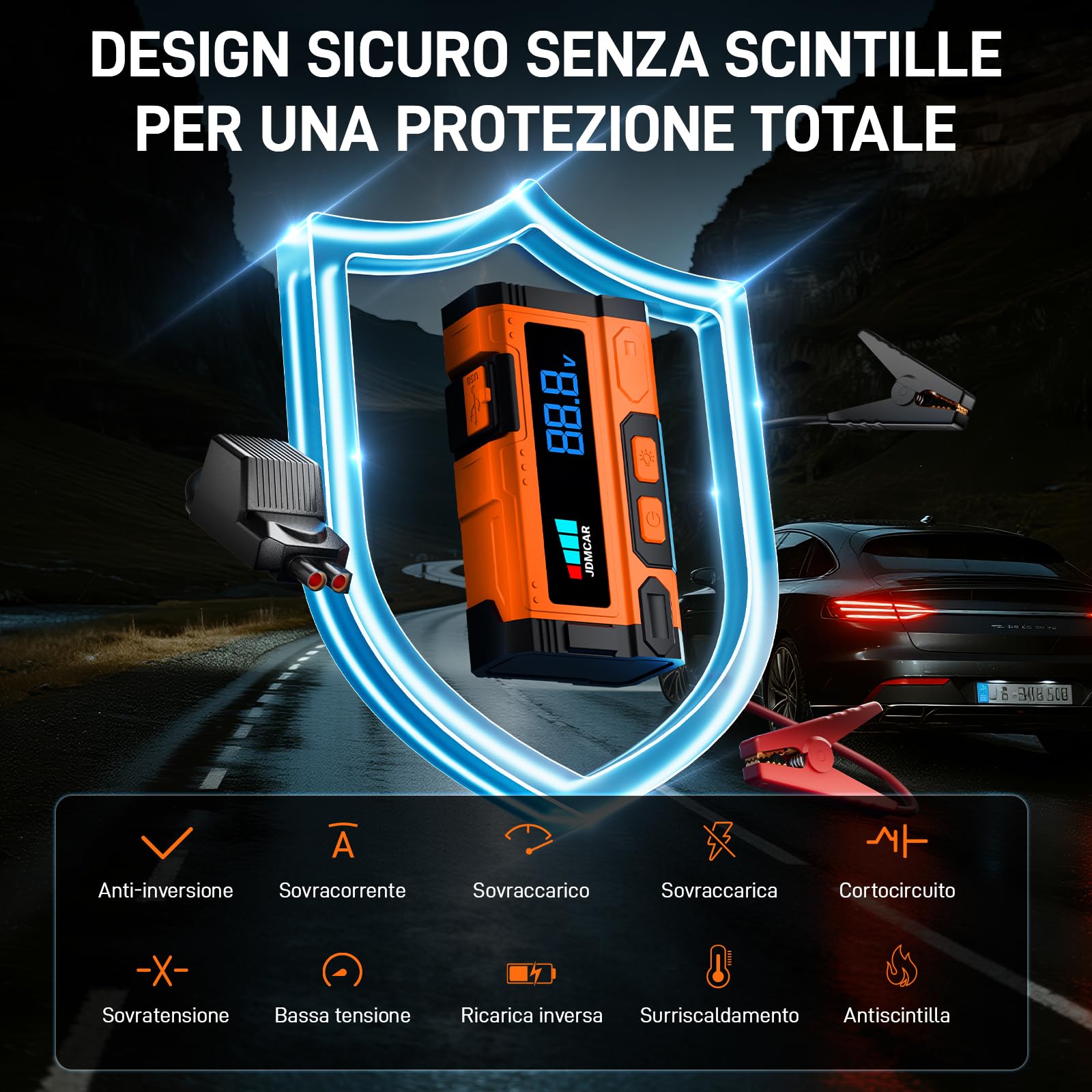 JDMCAR Booster Avviamento Auto - Upgrade 7000A Avviatore Batteria Auto, Starter Batteria Auto Portatile con LED/LCD, Avviatore di Emergenza per Auto/Moto (Fino a 9.0L e Diesel fino a 8.5L) - 4