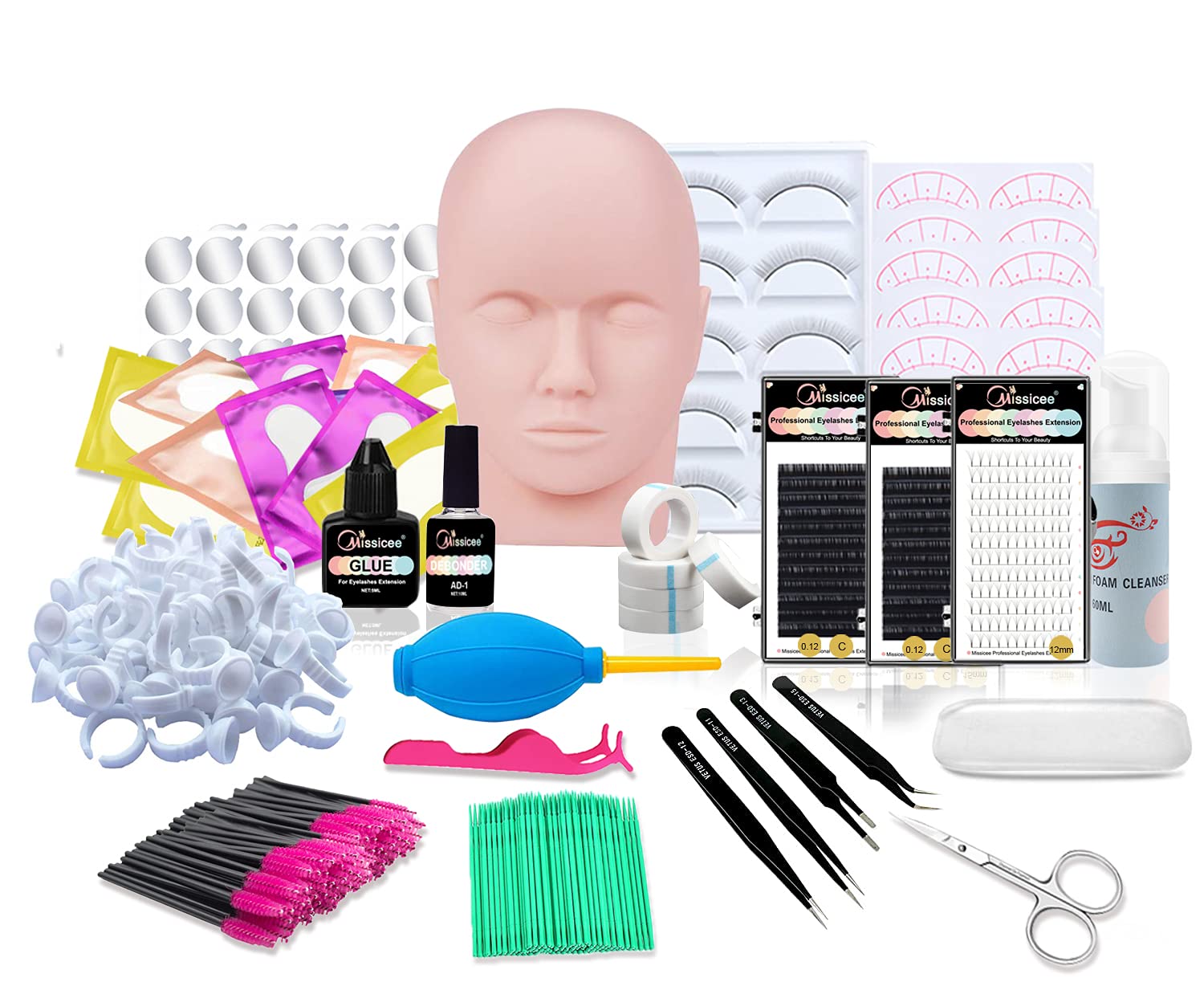 Missicee[Updated Version] Eyelashes Extension Kit, Pro 21 Pcs Eyelash Training Kit with 3 Boxes Individual Eye Lashes Glue Tweezers Tools Case for Makeup Practice Eye Lashes Graft