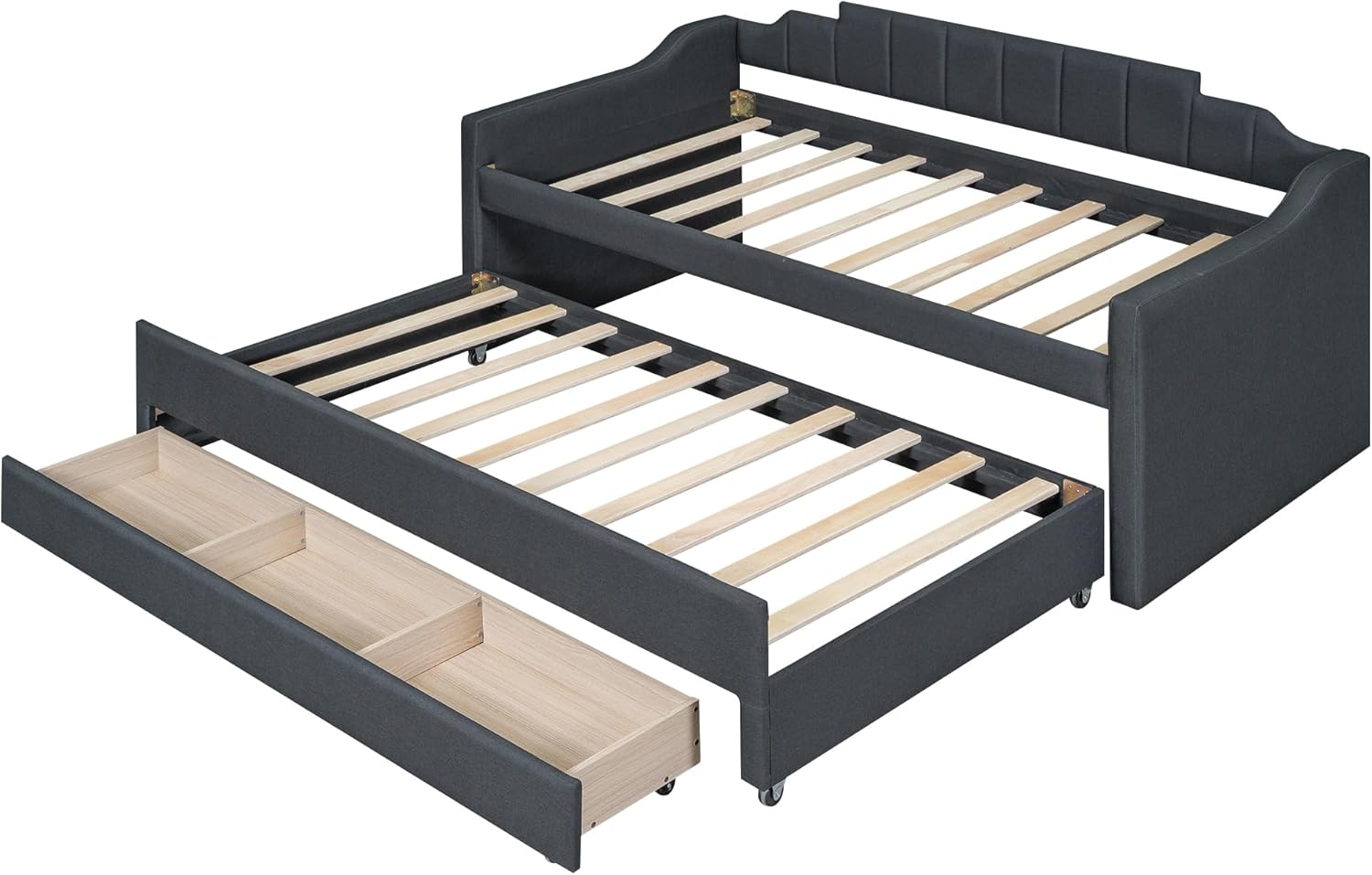 Merax Twin Size Upholstered Daybed with Trundle and Three Drawers, Sofa Bed, Wood Bed Frame with Swooping Arms, No Box Spring Needed, Grey