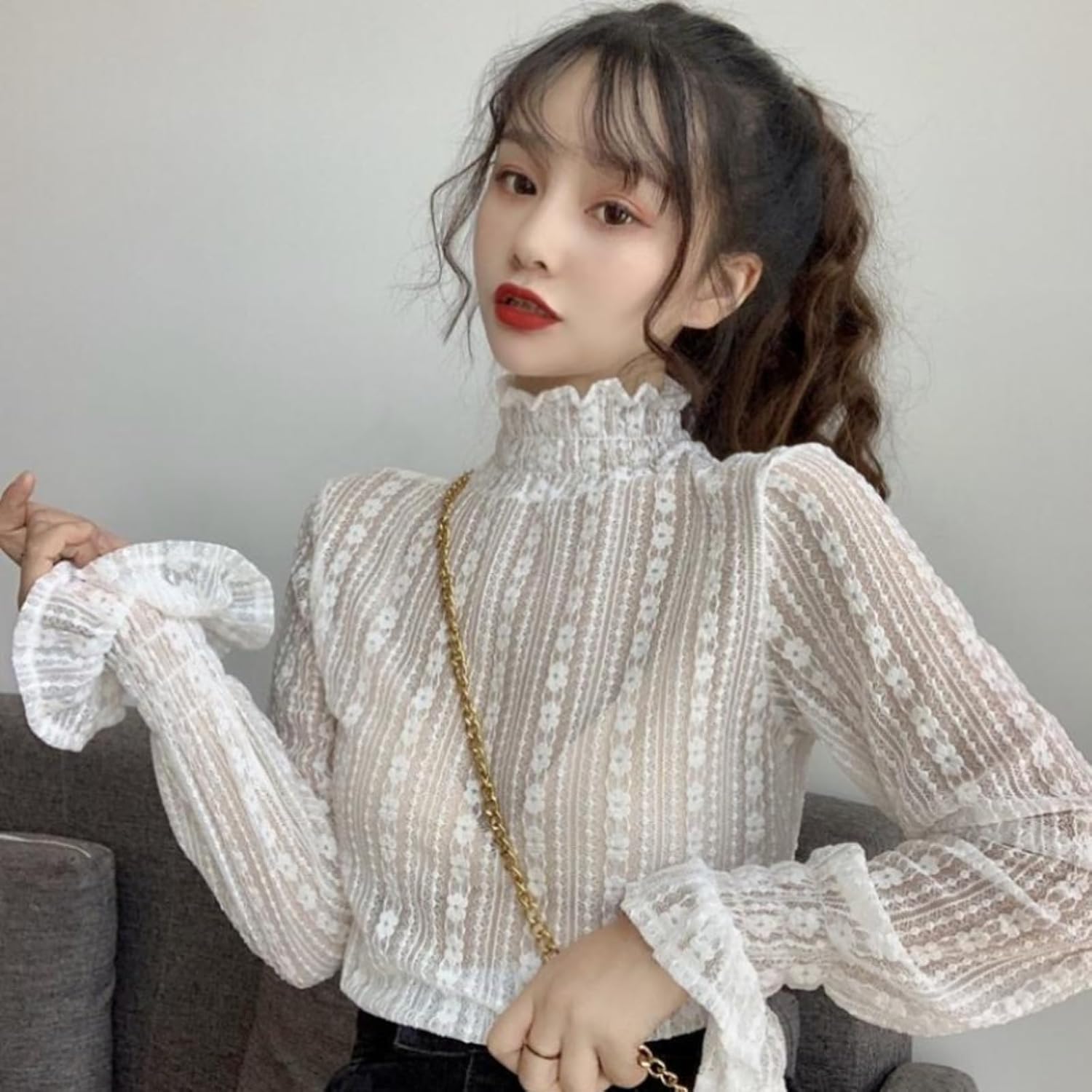 YEKEYI Lace Tops for Women Long Sleeve Mock Neck Sheer Blouse See Through Floral Lace Tops - Image 7