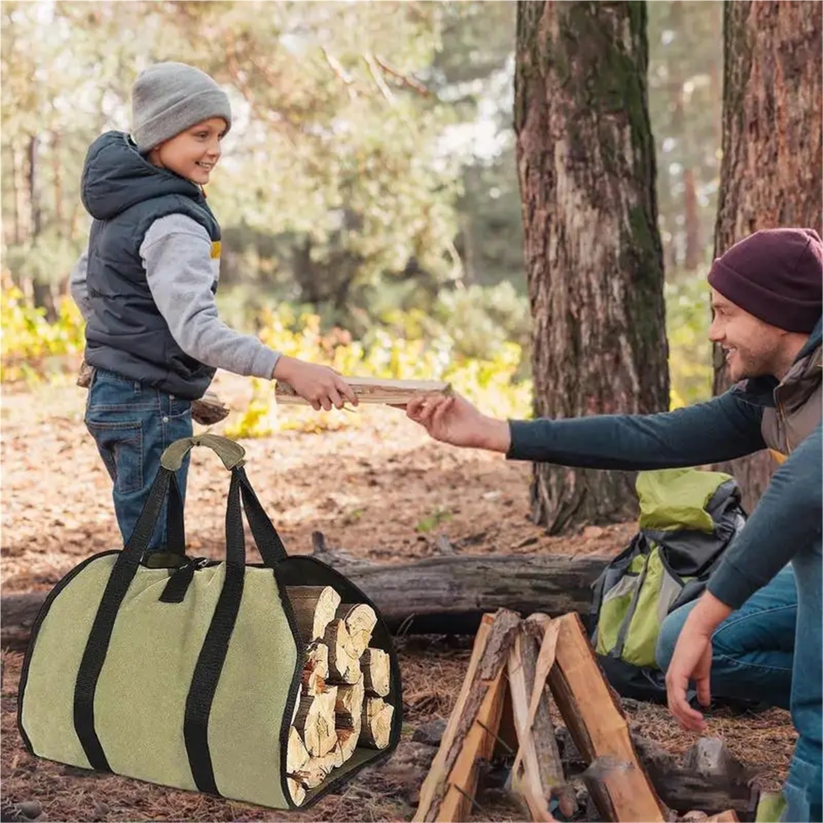 Cesto Portalegna Borsa porta legna da ardere impermeabile Porta tronchi Cestino portaoggetti portatile resistente per campeggio e barbecue Sacca Camino(Green)