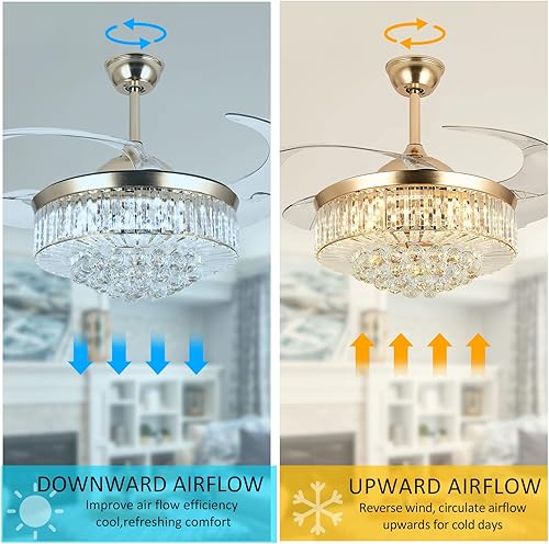 Miniatura 6 de Ventilador de techo de cristal de 42 pulgadas con luces y control remoto, kit de luz LED invisible con cuchillas retráctiles para sala de estar y