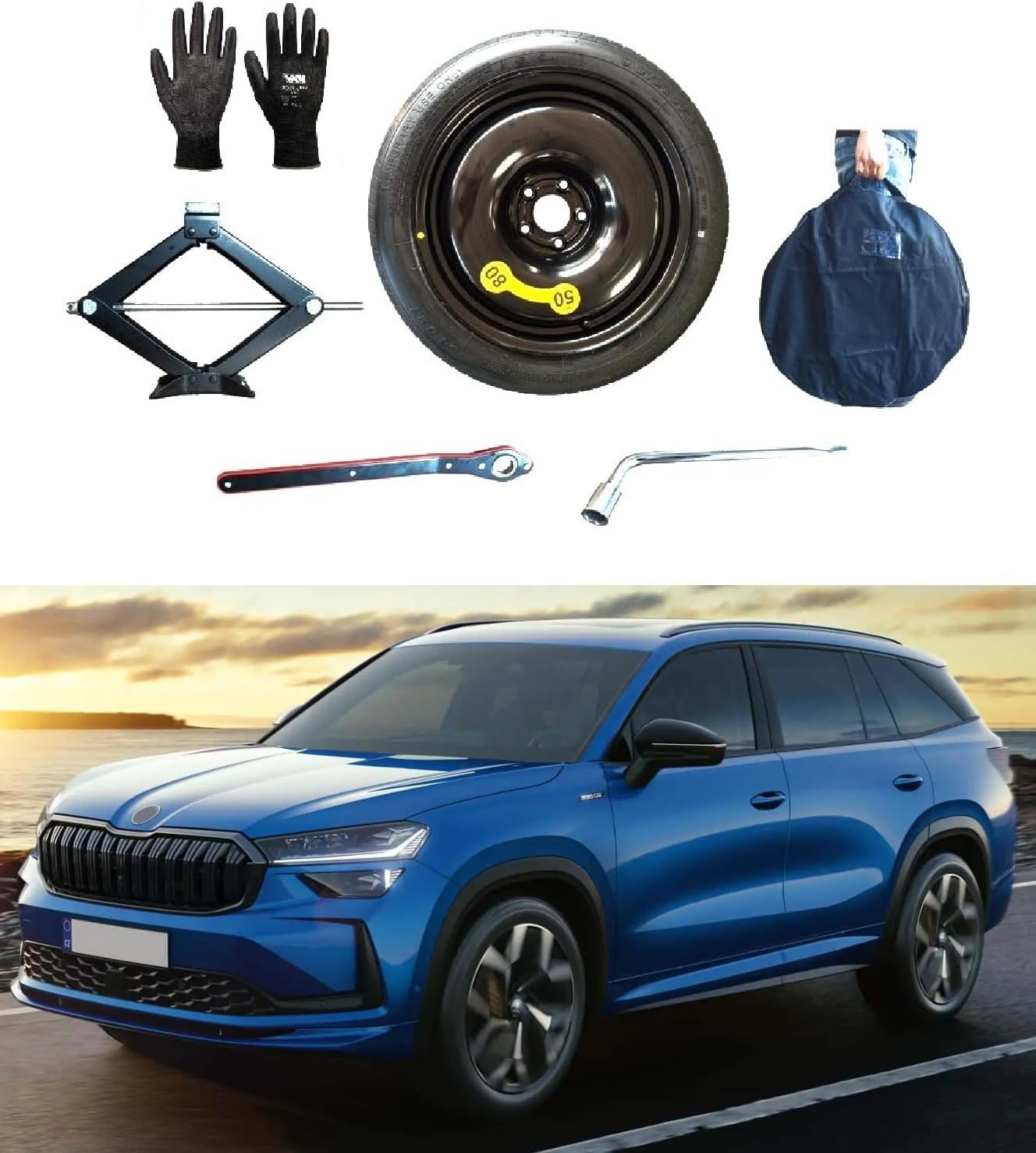 Ersatzrad-Set 18 Zoll, kompatibel mit Skoda Kodiaq mit Wagenheber, Schlüssel, Handschuhe und Tasche 145/85 R18