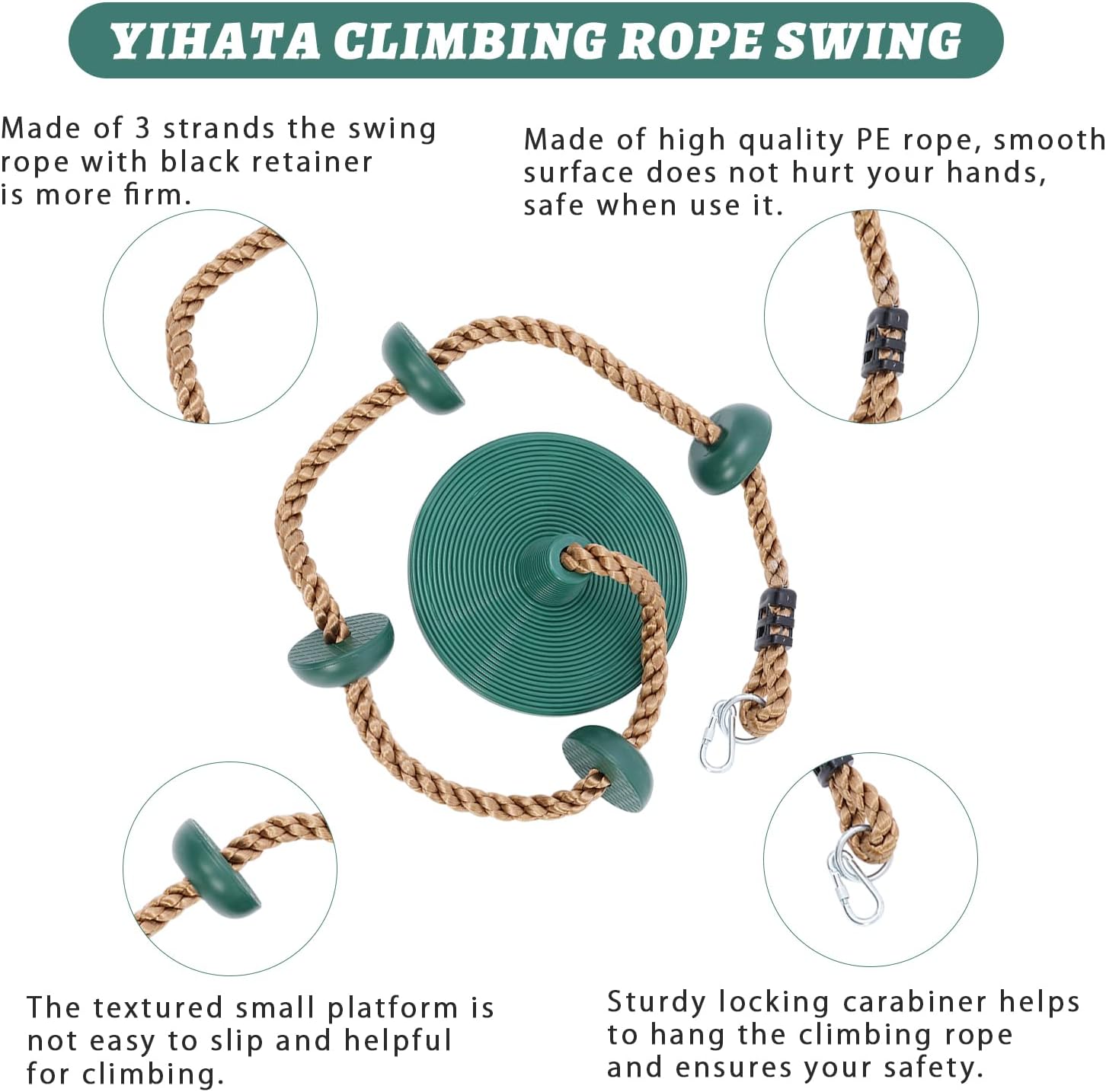 YIHATA Tree Swing for Kids - Single Disk Outdoor Climbing Rope Swing Platforms, Kids Outdoor Playground Swingset Accessories with 6.6ft Adjustable Rope, Carabiner and Strap - (Green)