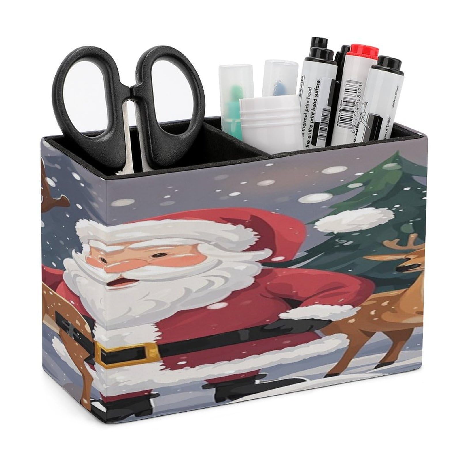 FekiLoot Santa Claus And Deer Elk Pen Holders for Desk Small Remote Control Holder Leather Pencil Cup with Double Compartments Desktop Organizer for Table Desk Office Space Saving