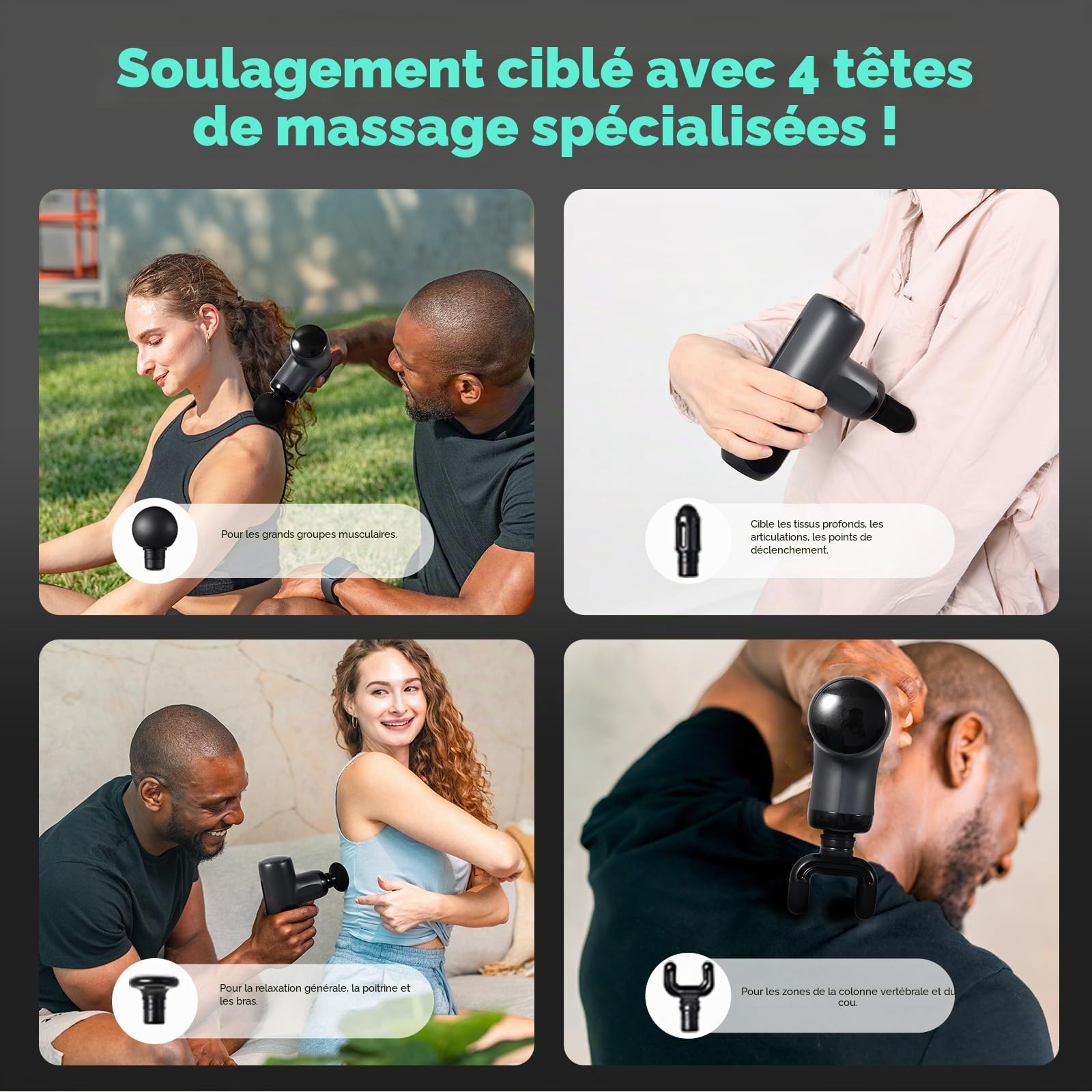 arboleaf Pistolet de Massage Mini, 0,39 kg 5 Vitesses et 4 Têtes de Massage | Pistolet Musculaire, 3200 rpm, Moteur Silencieux, Charge de Type C, pour la Maison, le Fitness et les Voyages